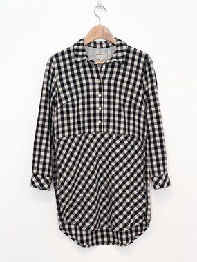 People Tree Craft Black & White Plaid Long Sleeve Tunic with Pockets
